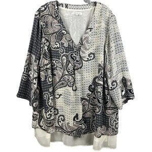 Rose + Olive V-Neck Tunic Top Women's 3X Flowy Paisley Elegant Chiffon Dressy
